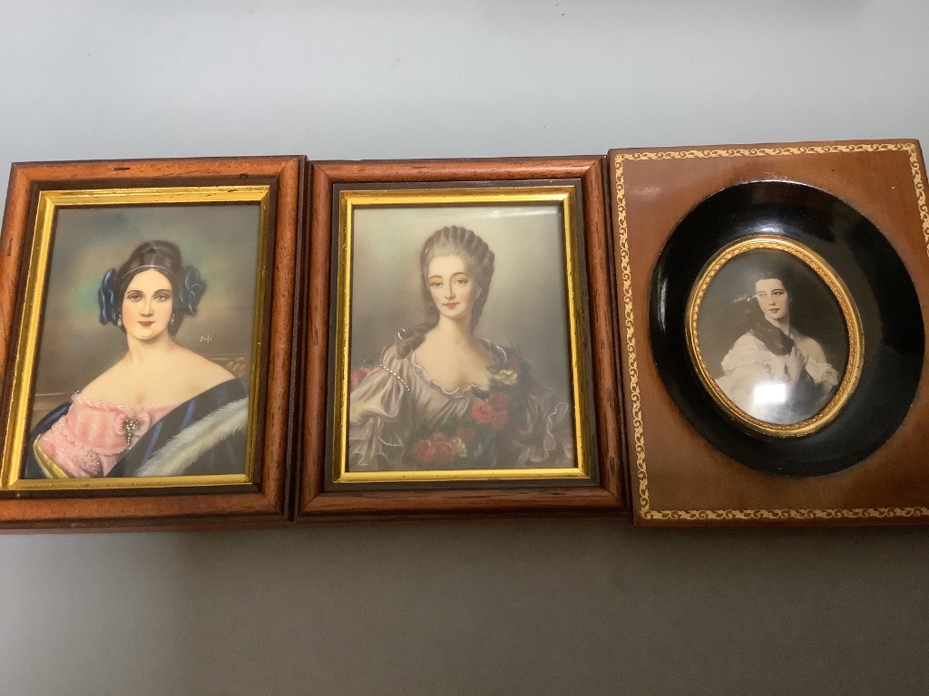 Two Victorian tortoiseshell card cases, a simulated tortoiseshell snuff box and ten framed portrait miniatures.